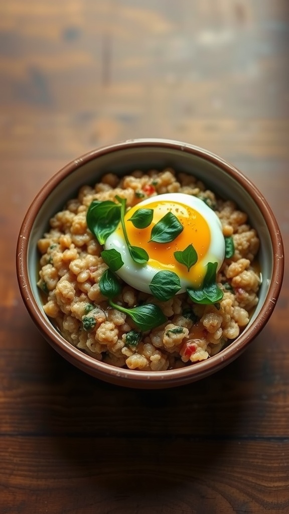 A bowl of savory oatmeal topped with a poached egg and fresh spinach.