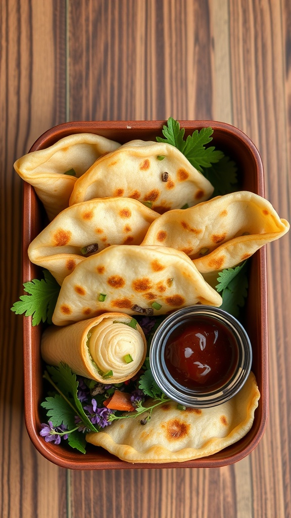 A bento box filled with savory pancakes, a rolled pancake, and dipping sauce.