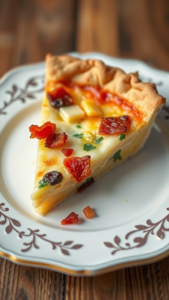 Slice of Quiche Lorraine on a decorative plate