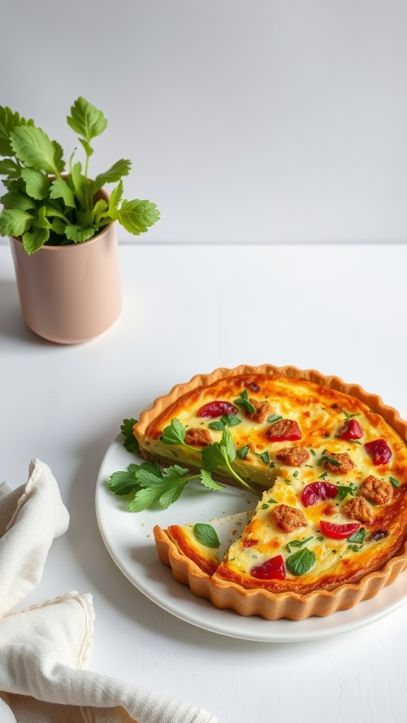 A sliced Savory Quiche Lorraine on a plate with fresh herbs.