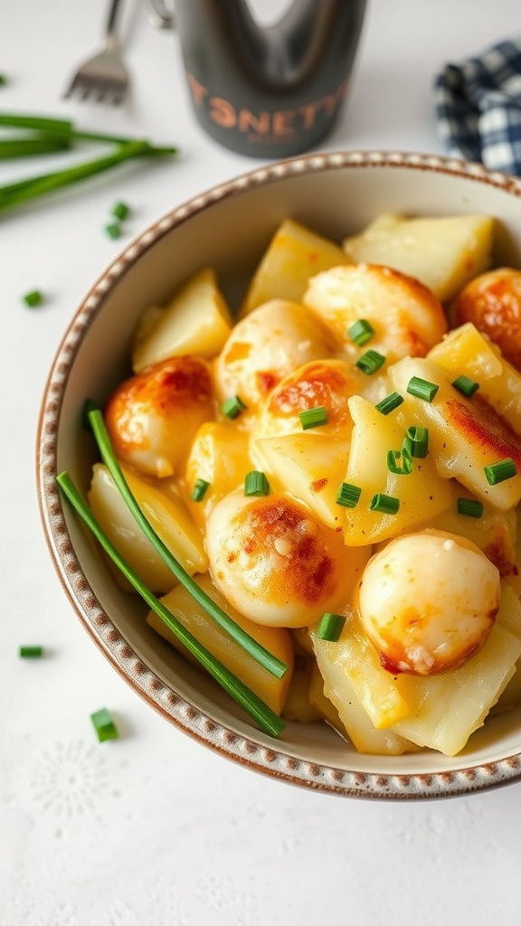 A bowl of creamy scalloped potatoes topped with fresh chives.