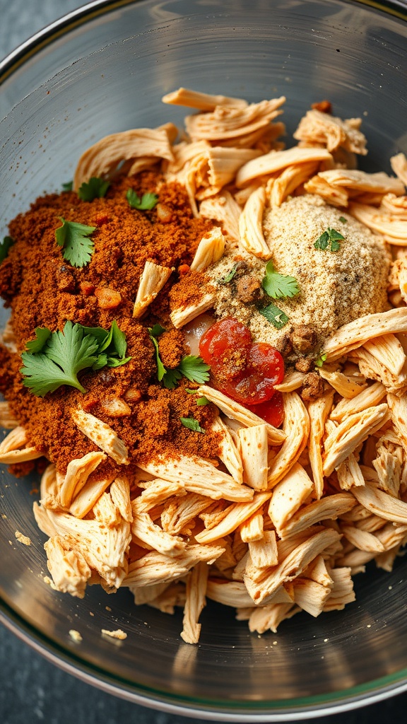 A bowl filled with shredded chicken, spices, and fresh herbs