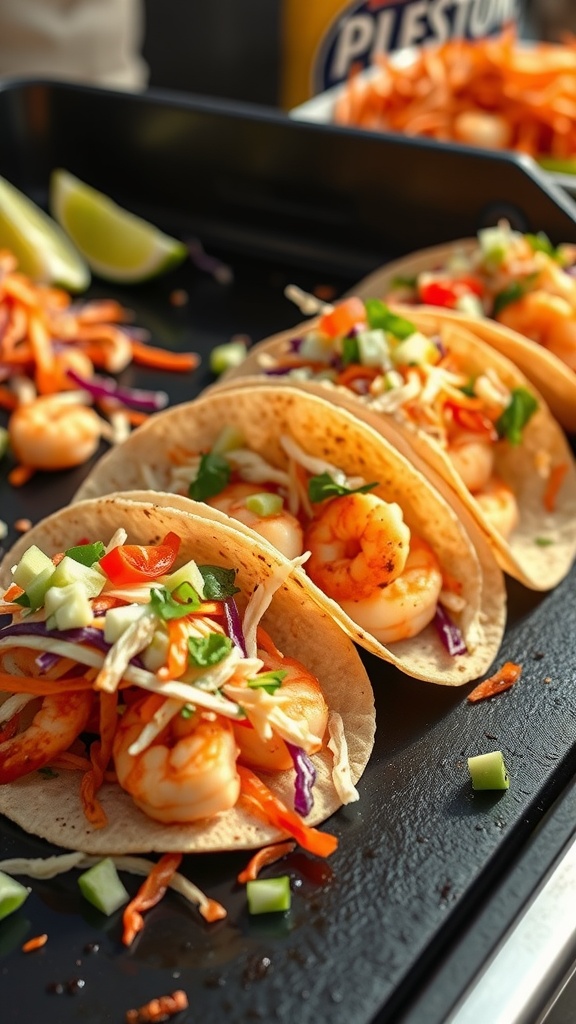 Savory shrimp tacos with colorful slaw and lime wedges