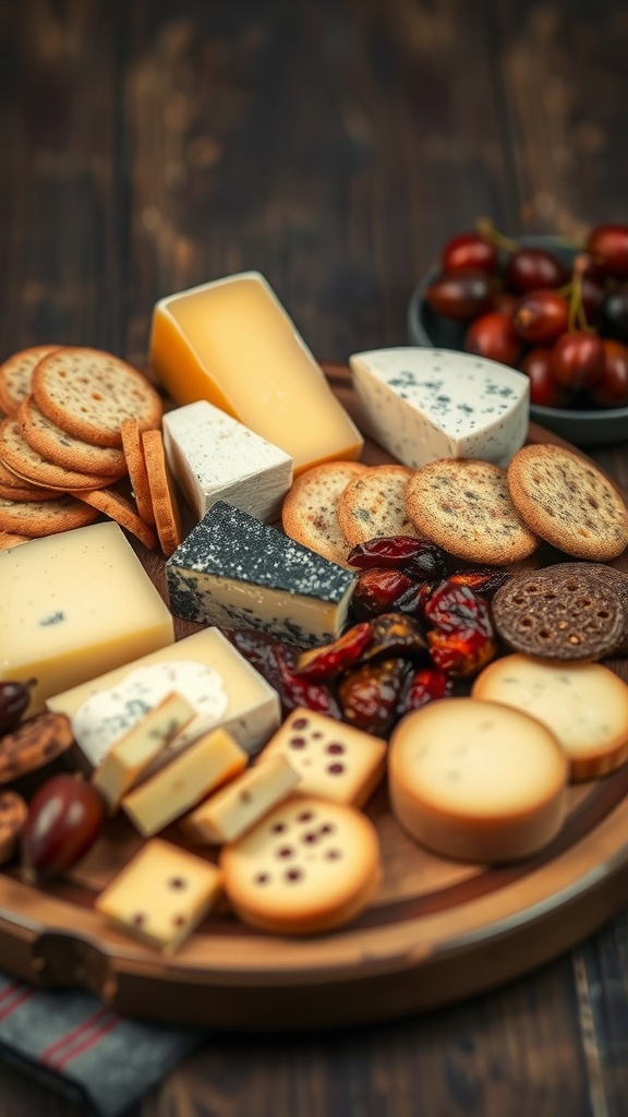 A beautifully arranged cheese board featuring various smoked cheeses, crackers, dried fruits, and fresh grapes.
