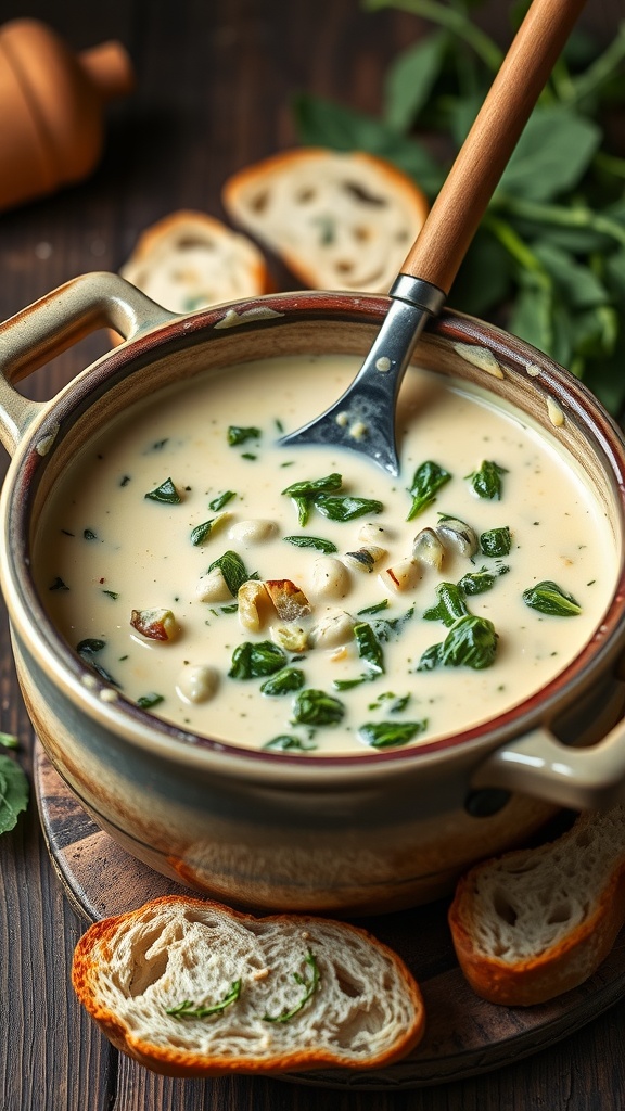 A creamy spinach and artichoke fondue in a pot with slices of bread on the side.
