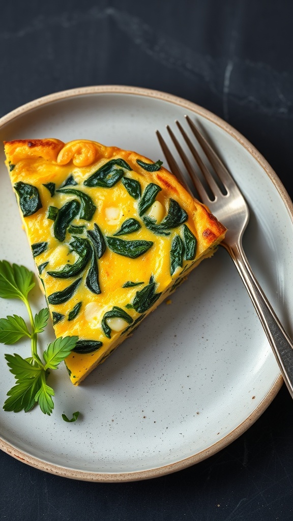 A slice of savory spinach and cheese frittata on a plate with a fork