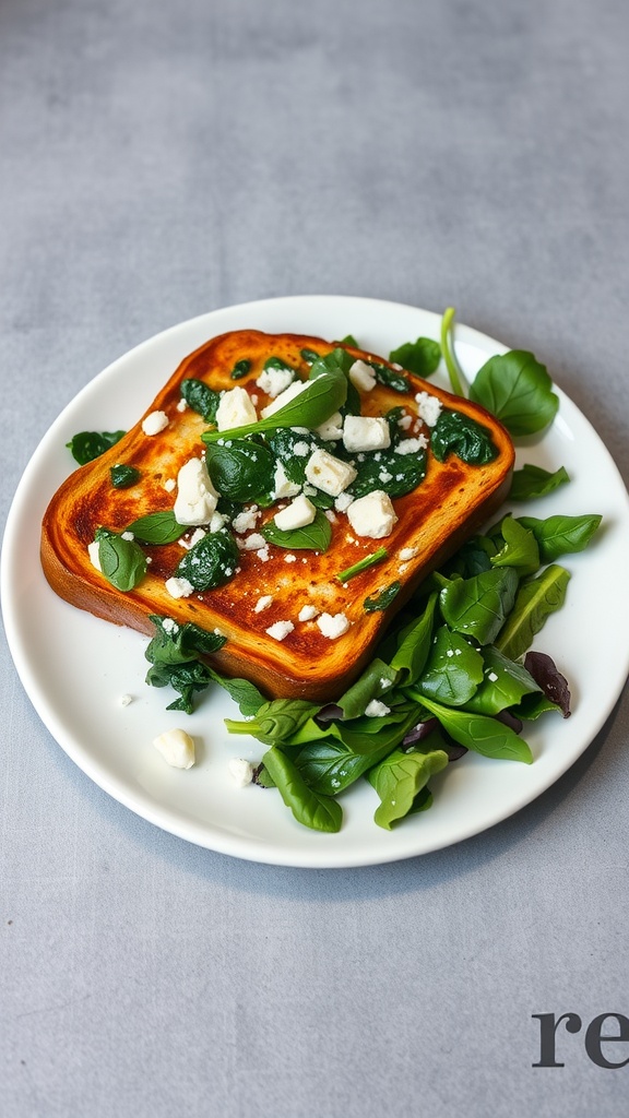 Savory Spinach and Feta French Toast served on a plate with fresh greens.