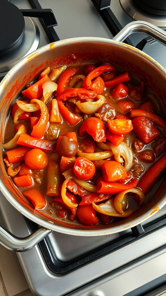 A pot of stewed tomatoes with onions and peppers
