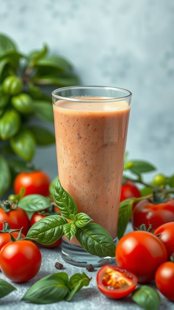 Savory Tomato Basil Smoothie in a glass surrounded by fresh tomatoes and basil leaves.