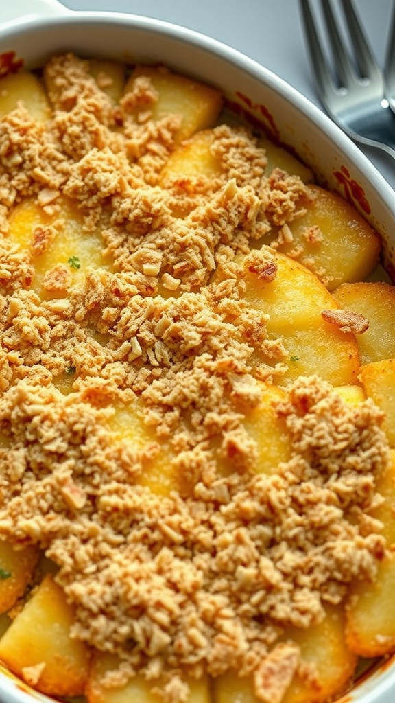 Baked scalloped potatoes with a crunchy topping of crushed crackers or breadcrumbs.