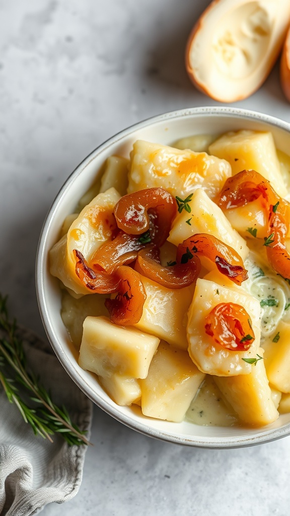 A bowl of creamy scalloped potatoes topped with caramelized onions and fresh herbs.
