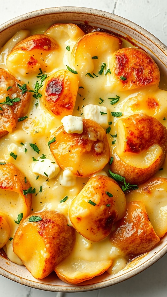 Delicious scalloped potatoes with cream cheese, topped with herbs.