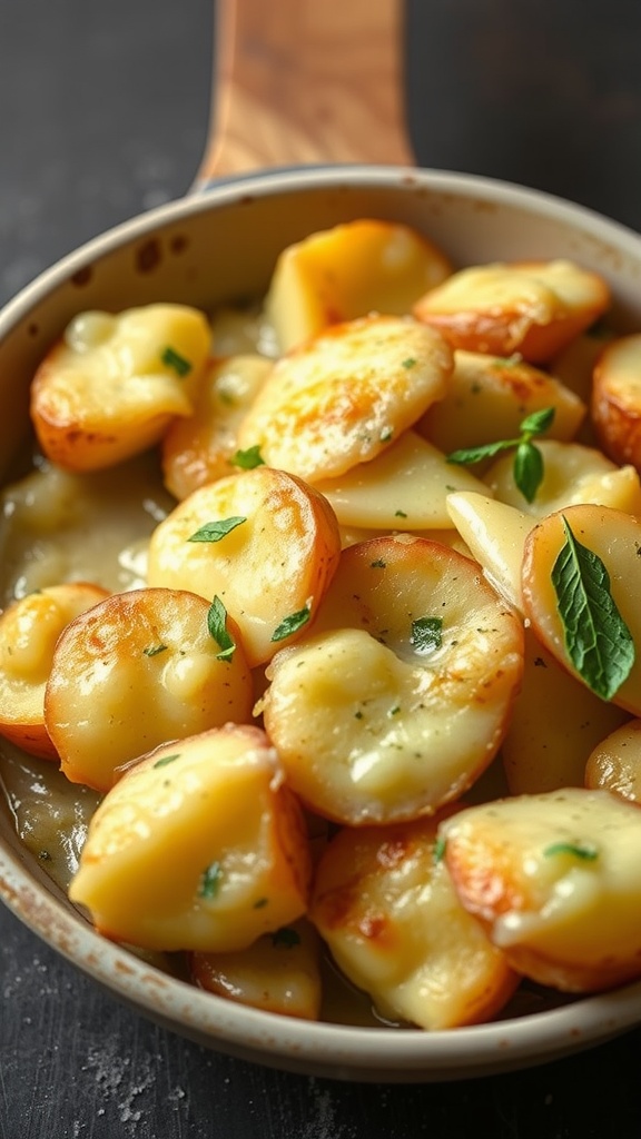 A creamy dish of scalloped potatoes with melted fontina cheese.