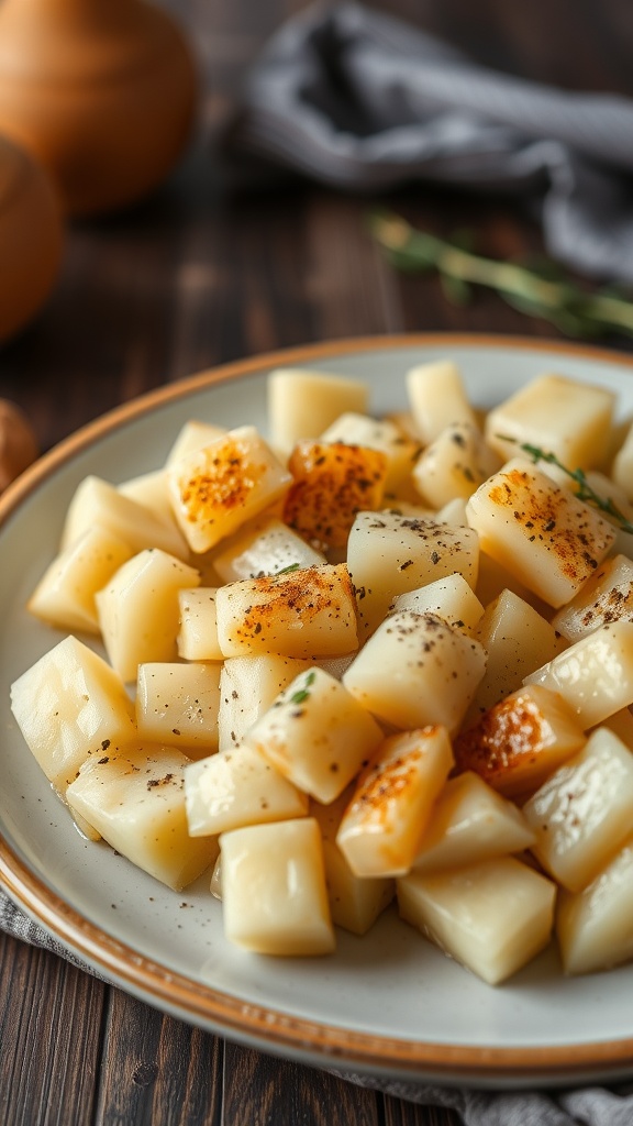 A plate of scalloped potatoes, beautifully prepared and garnished.