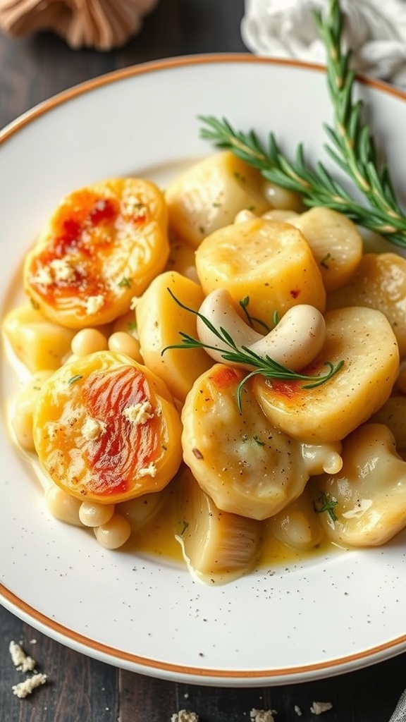 A plate of scalloped potatoes with roasted garlic, topped with herbs.