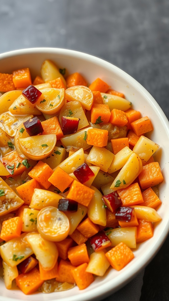 A dish of scalloped potatoes and sweet potatoes