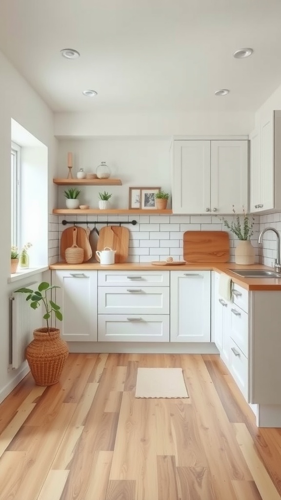 Scandinavian inspired white kitchen with natural wood accents and plants.