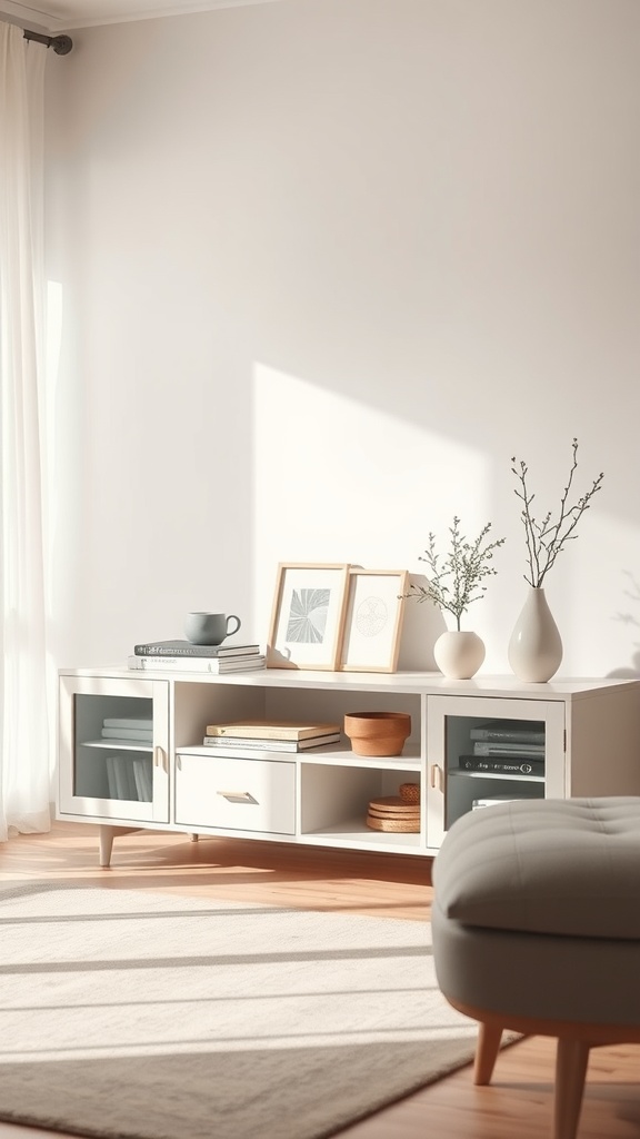 A cozy Scandinavian style TV unit with clean lines and natural materials, featuring decorative items and a warm ambiance.