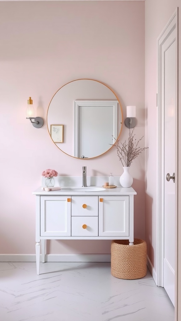 A Scandinavian style vanity featuring soft pastel colors with a round mirror and decorative items.
