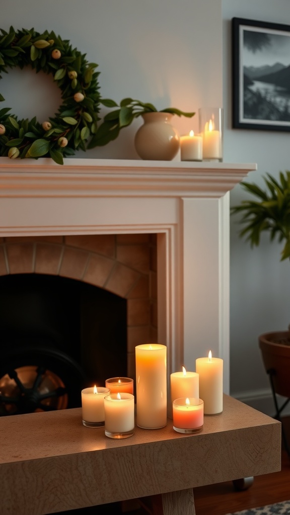 A cozy fireplace setting with various scented candles arranged elegantly.