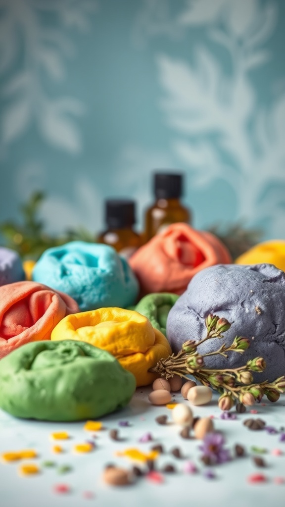 Colorful homemade scented playdough in various shapes
