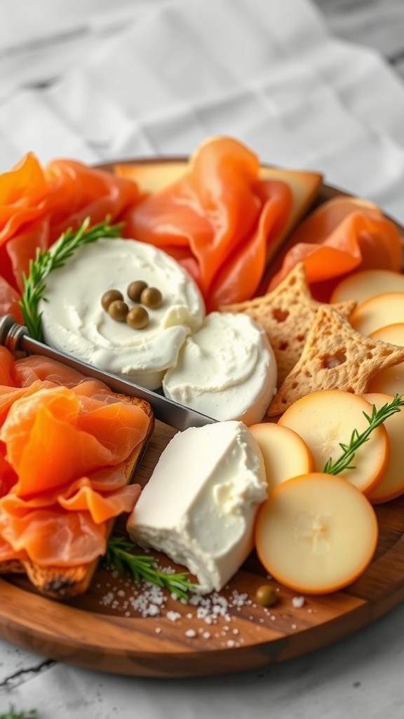 A beautifully arranged seafood-inspired cheese board with smoked salmon, assorted cheeses, and crackers.