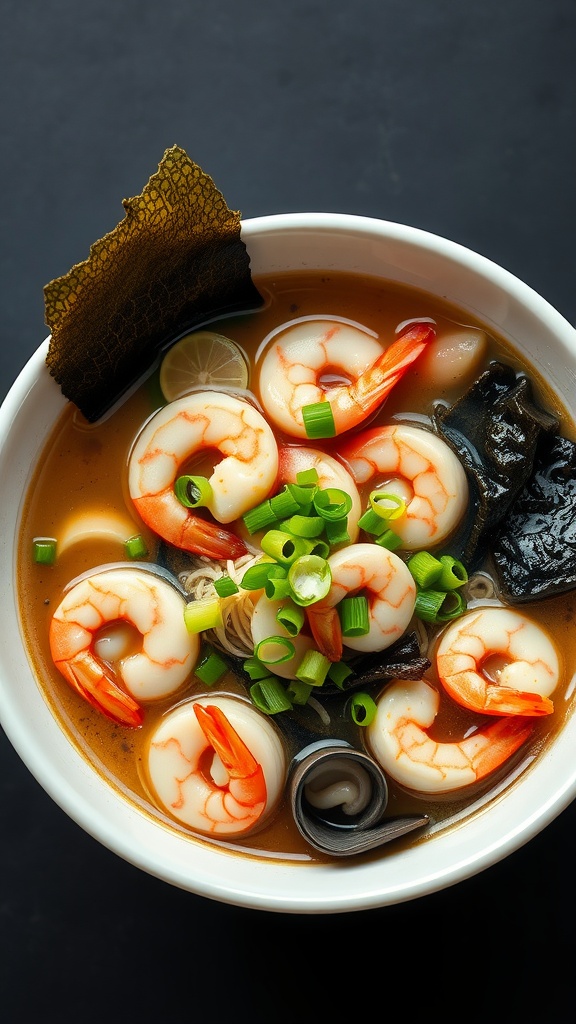 A bowl of seafood ramen topped with shrimp and scallops, garnished with green onions and nori.