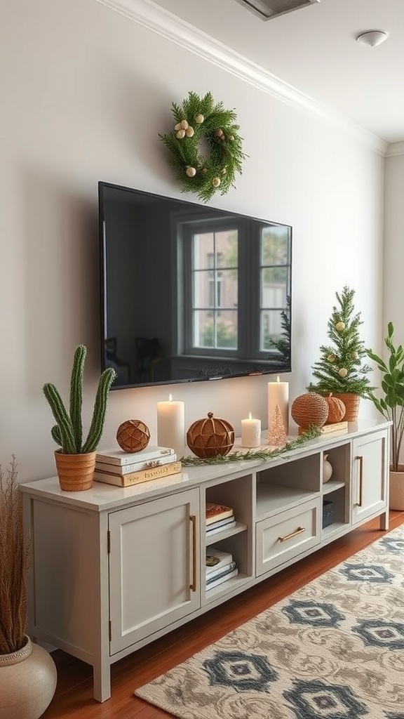 Seasonal decorated entertainment center with a wreath, candles, and festive accents.