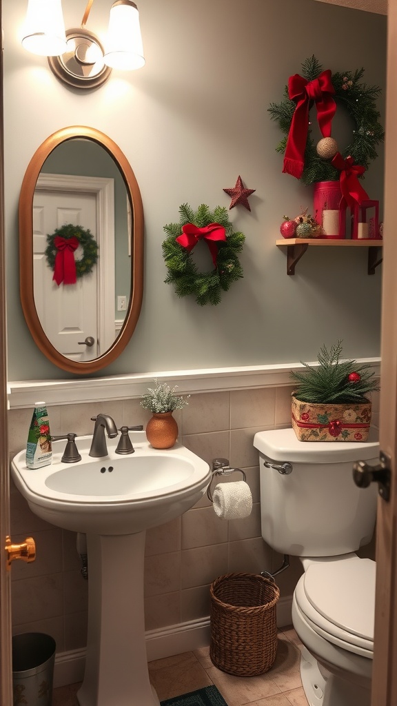 A cozy half bathroom decorated for the holidays with wreaths and festive accents.