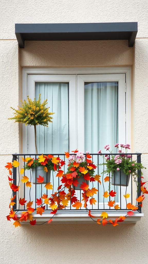 A balcony decorated with colorful autumn leaves and potted flowers.