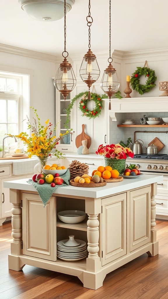 A beautifully decorated kitchen island with seasonal fruits and flowers.