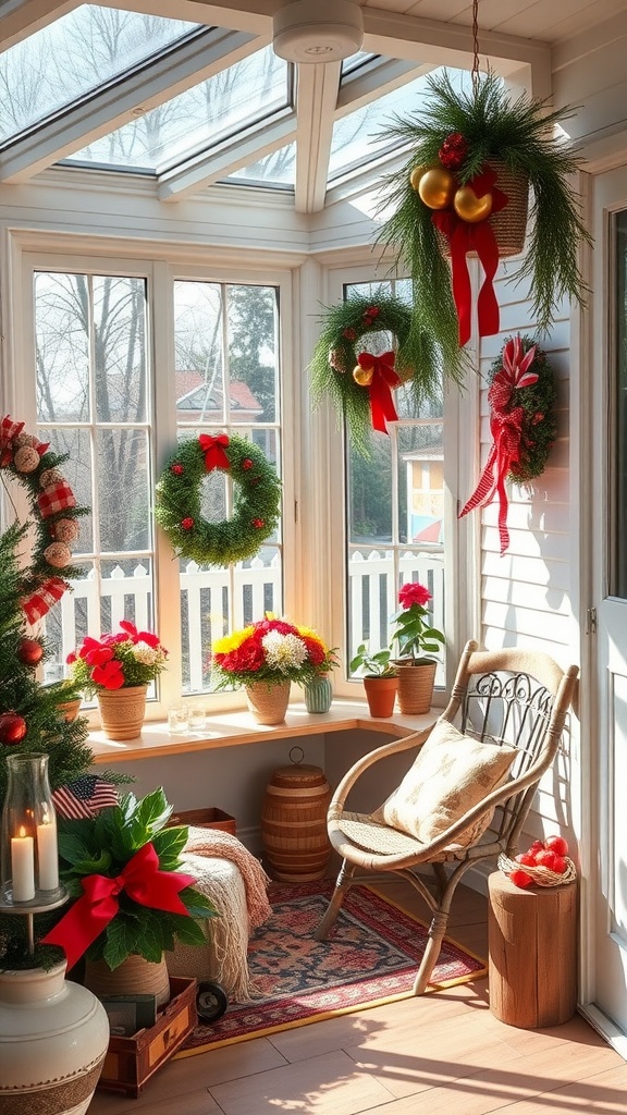 A sunroom decorated for the holidays with wreaths, flowers, and cozy seating.