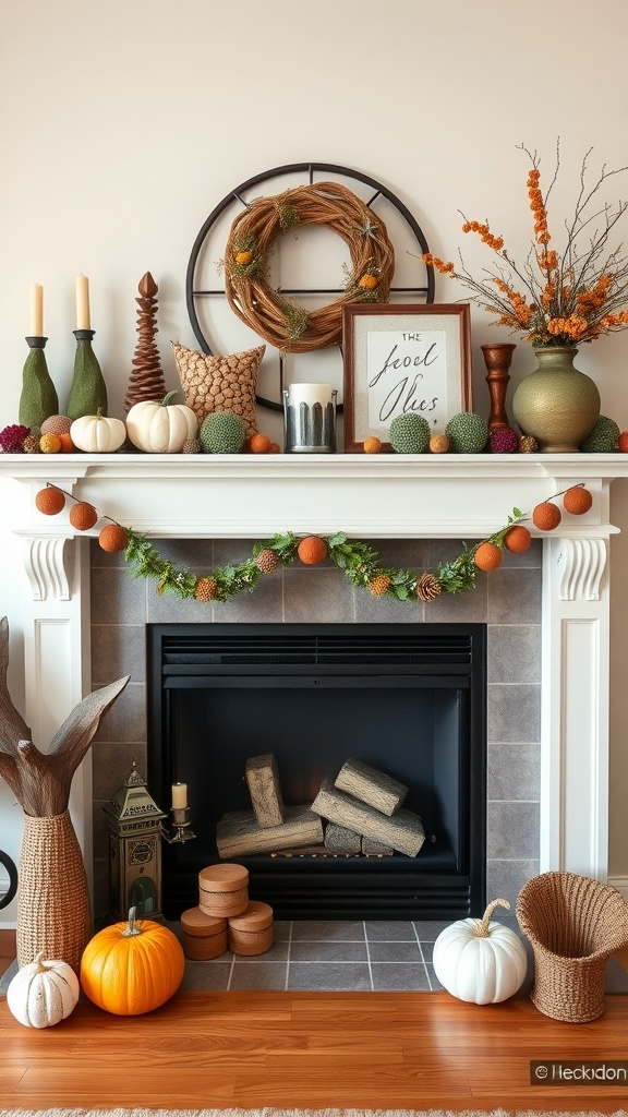 Cozy fireplace decorated for fall with pumpkins, a wreath, candles, and natural elements.