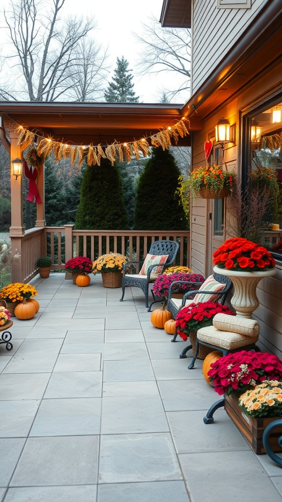 An inviting outdoor patio decorated with colorful flowers, pumpkins, and string lights for seasonal decor.