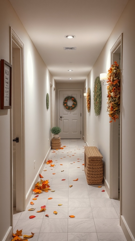 A decorated hallway with seasonal decor, featuring wreaths and fallen leaves.