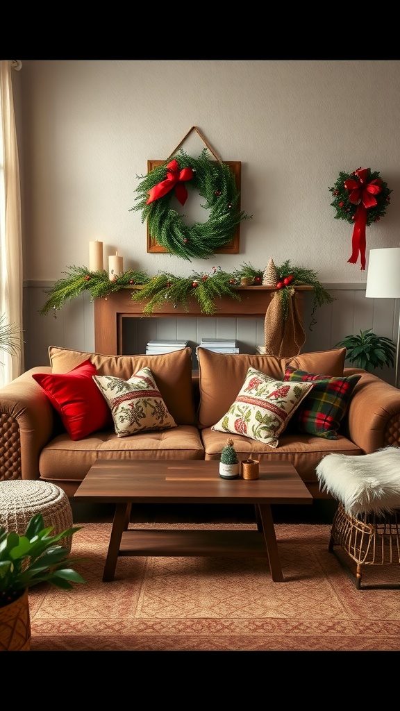 A cozy living room featuring a brown couch, festive wreaths, and seasonal decorations.