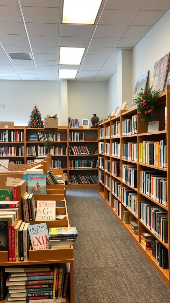 A cozy library room with seasonal decorations including a small Christmas tree and colorful book displays.