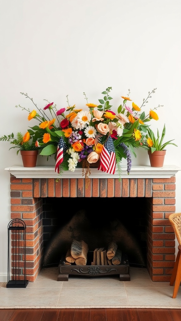 A colorful floral arrangement on a fireplace mantle with small American flags.