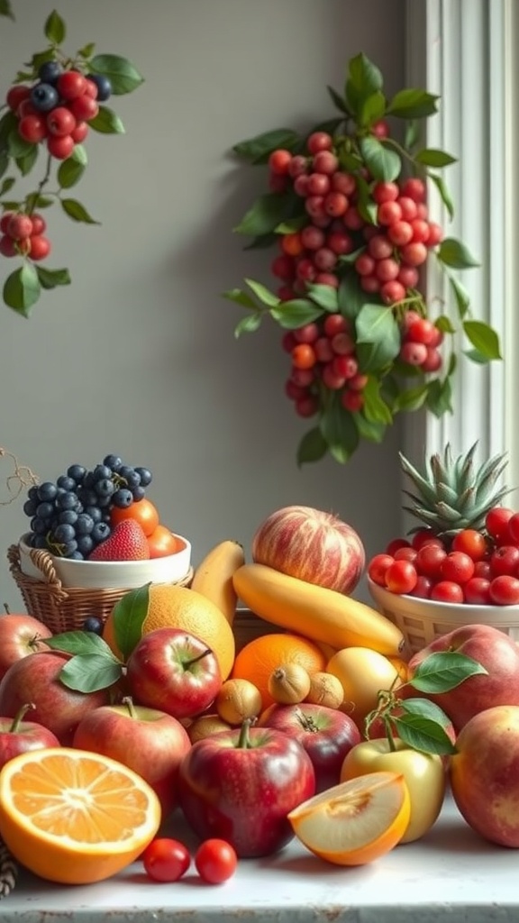 A vibrant seasonal fruit display featuring apples, oranges, bananas, and berries.