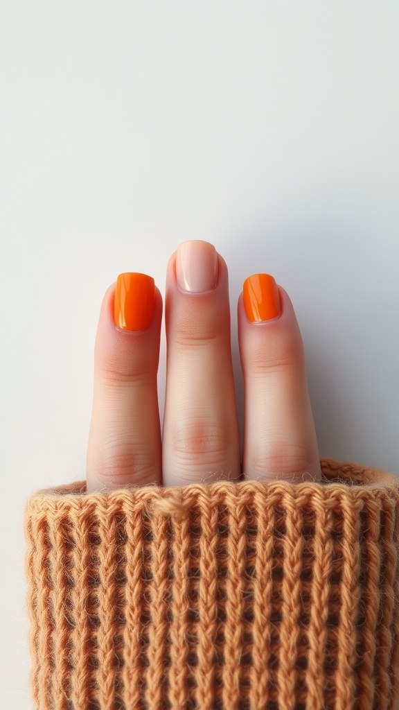 Seasonal gradient square nails featuring warm orange shades