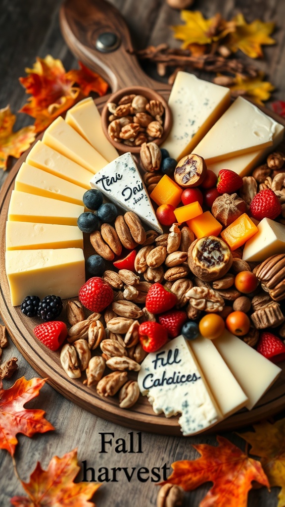 A beautifully arranged cheese board featuring a variety of cheeses, nuts, and seasonal fruits, surrounded by autumn leaves.
