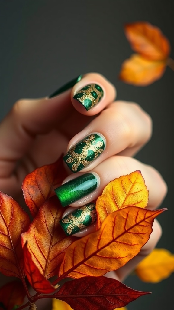 Nails painted in green and gold with leaf patterns, surrounded by autumn leaves.