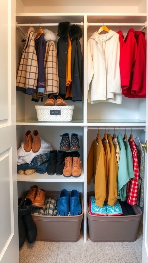 A neatly organized closet with seasonal clothing and shoes displayed.