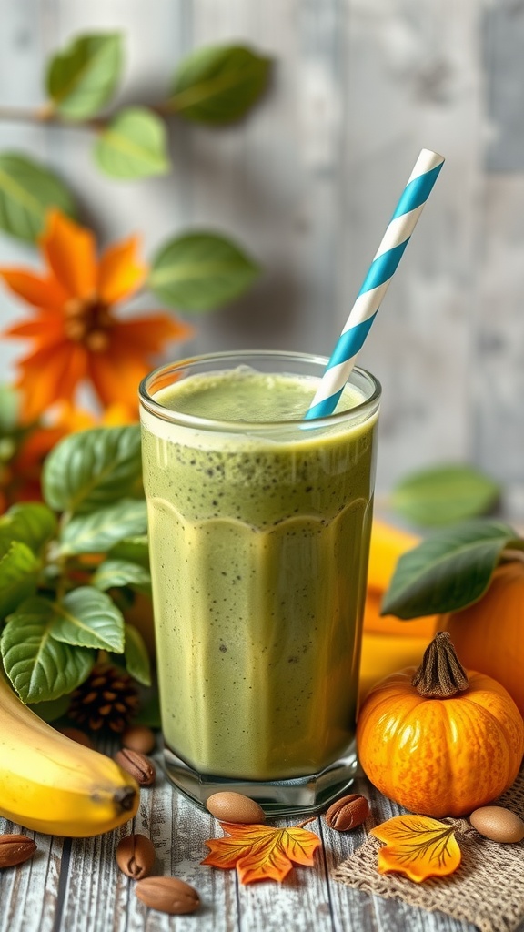 A refreshing spinach banana smoothie in a glass with a straw.