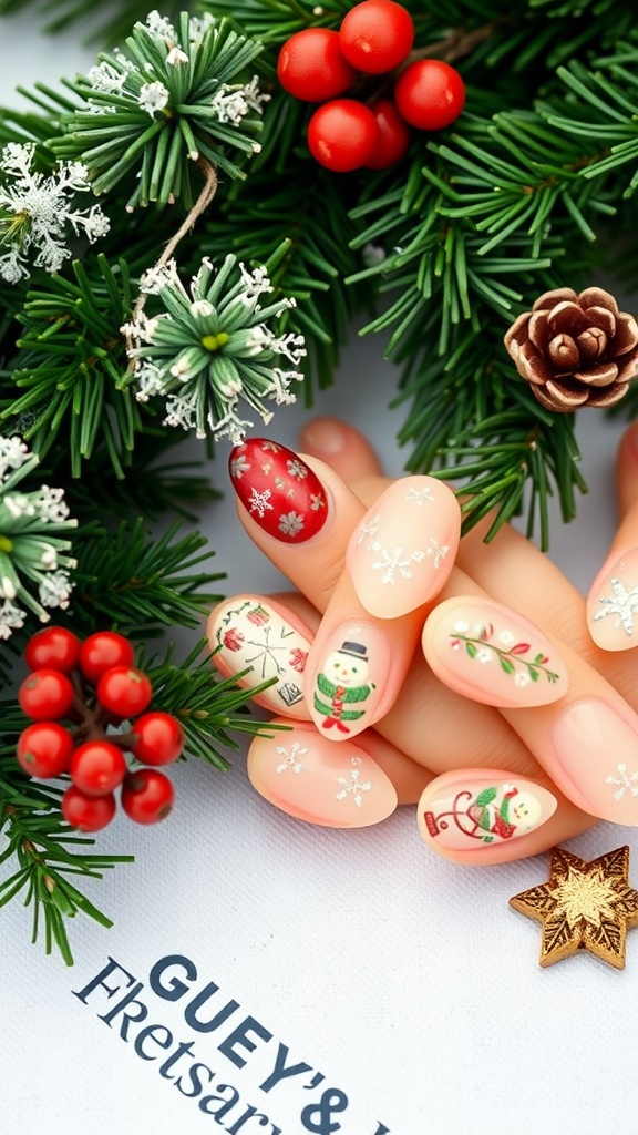 Elegant short almond nails with Christmas designs including snowflakes, snowmen, and festive colors, surrounded by seasonal decor.