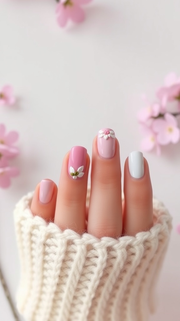 Nails with pink and white designs featuring floral elements, set against a light background with blossoms