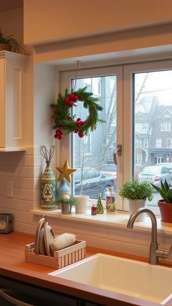 A cozy kitchen window display featuring a wreath, star, and small plants