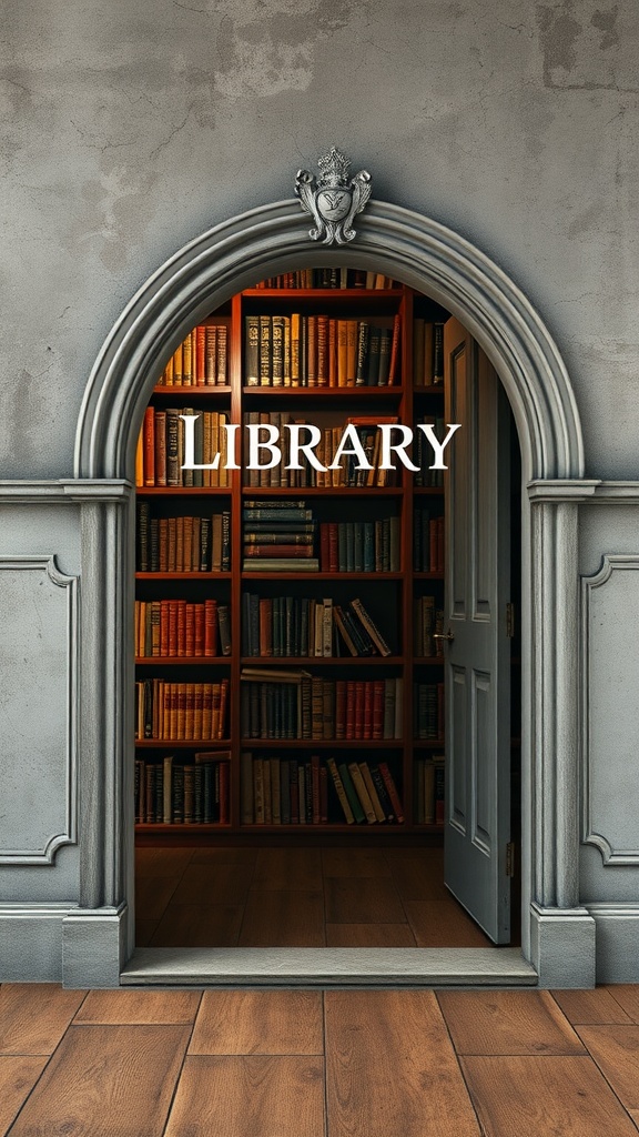 Image of a library entrance behind a wall with bookshelves
