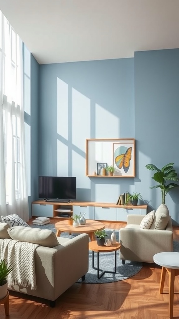A serene living room with light blue walls, comfortable couches, and natural light