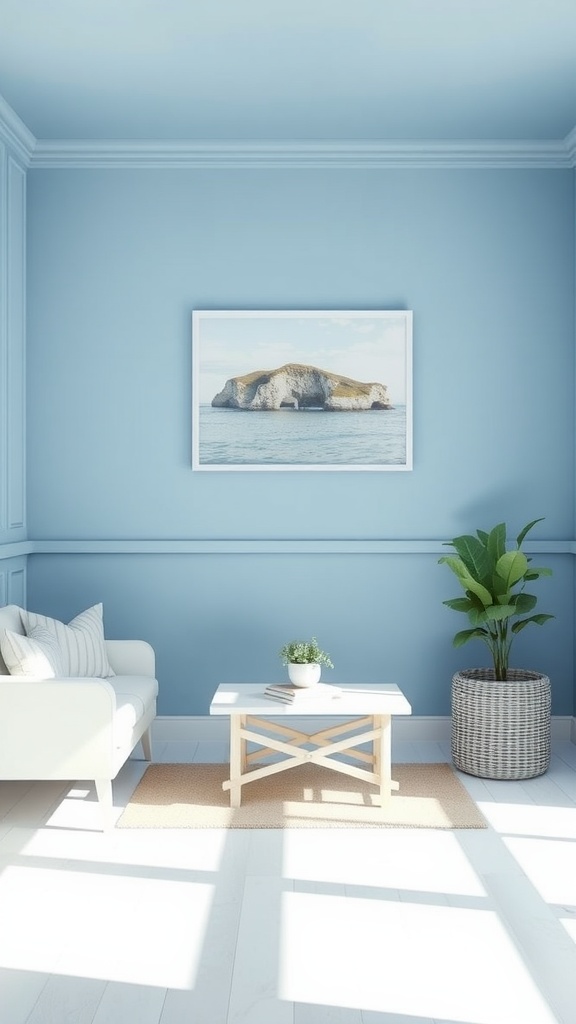 Light blue room with a white sofa, coffee table, and coastal artwork